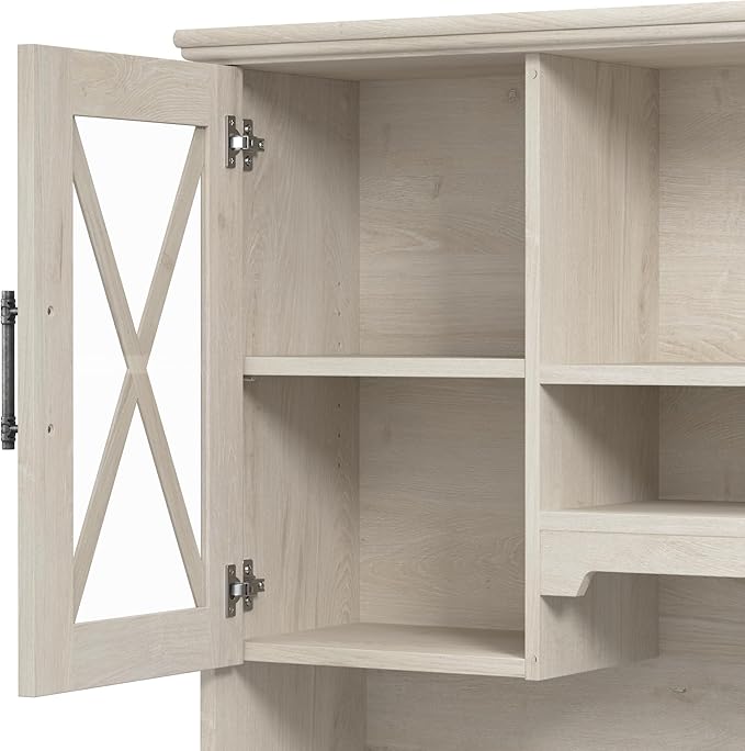 Bush Furniture Lennox 60W Farmhouse Desk with Hutch and Storage Cabinet in Linen White Oak | Computer Table for Home Office