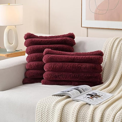 FUTEI Christmas Burgundy Decorative Throw Pillow Covers 26x26 Inch Set of 2, Square Soft Faux Rabbit Fur Thick Striped Euro Pillow Shams,Winter Home Decor for Couch Bed Living Room