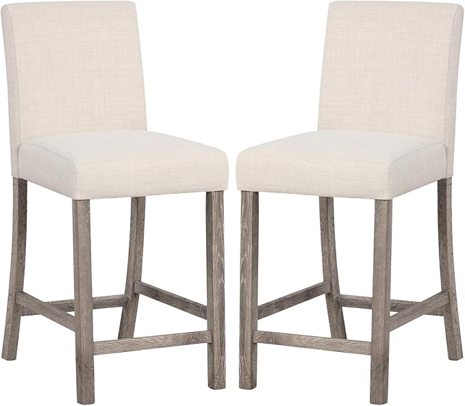 COSTWAY Counter Height Bar Stools Set of 2, 24.5’’ Upholstered Mid Century Modern Island Chairs with Rubber Wood Legs, Wooden Barstools for Kitchen, Dining Room, Bar, Restaurant (Beige)