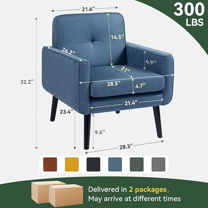 Accent Chair Set of 2, Fabric Modern Chair with Wooden Frame, Cozy Armchair Reading Chair with Comfy Back for Apartment, Living Room, Bedroom, Waiting Room, Small Space, Corner, Blue