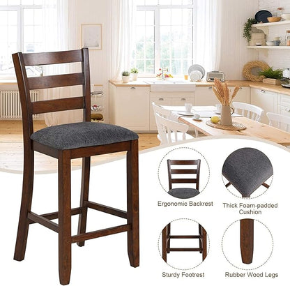 COSTWAY Set of 2 Counter Height Bar Stool, 25.5-Inch Upholstered Bar Stools with Solid Rubber Wood Frame, Foam-Padded Cushion, Footrest, Kitchen Chair for Bistro, Living Room, Grey and Brown