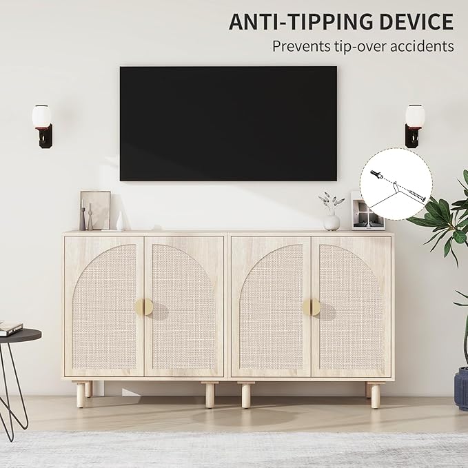 Beige Sideboard Cabinet with 2 Rattan Doors, Rattan Buffet Cabinet with Adjustable Shelves & Pine Legs, Boho Sideboard Buffet for Living Room, Kitchen, Entryway (Beige,1 PCS)