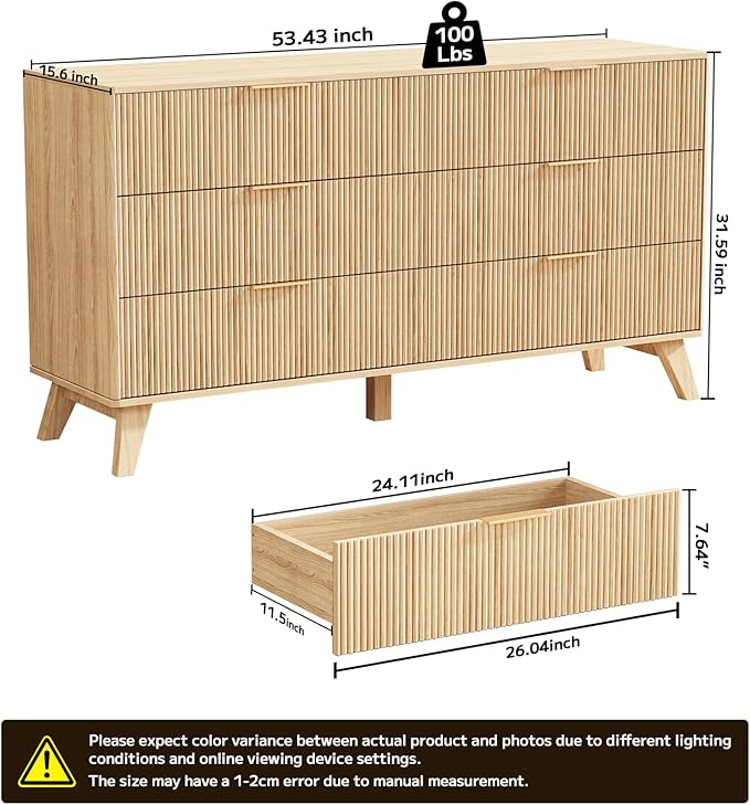 Fluted Dresser with 6 Drawers, 53.43 Inch Wood Double Dresser with Metal Handles Curved Design Wide Storage Organizer Cabinet Modern Chest Dressers for Bedroom Living Room Entryway(Oak)