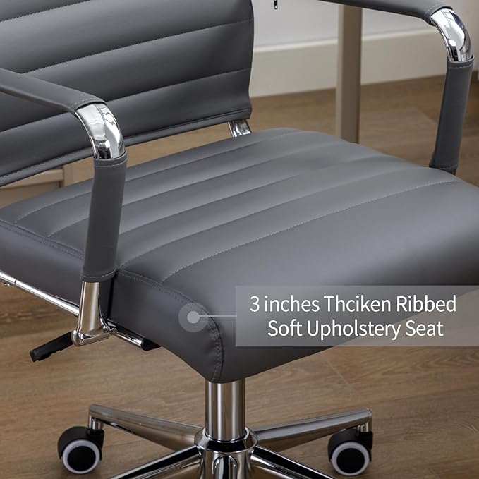 Office Desk Chair Leather, Conference Room Chairs with Wheels, Executive Modern High Back Ergonomic Swivel Rolling Ribbed Computer Chair