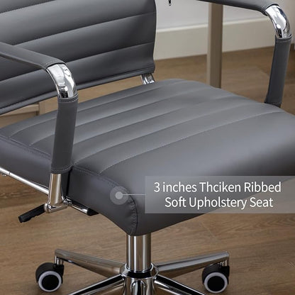 Office Desk Chair Leather, Conference Room Chairs with Wheels, Executive Modern High Back Ergonomic Swivel Rolling Ribbed Computer Chair