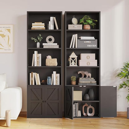 MXV 6-Tier Bookshelf and Bookcase Set of 2, Wooden Bookshelves with Cabinet Doors, Floor Bookshelves and Office Storage Cabinets for Home Office, Living Room (Black 2 Pack, 6-Tier)