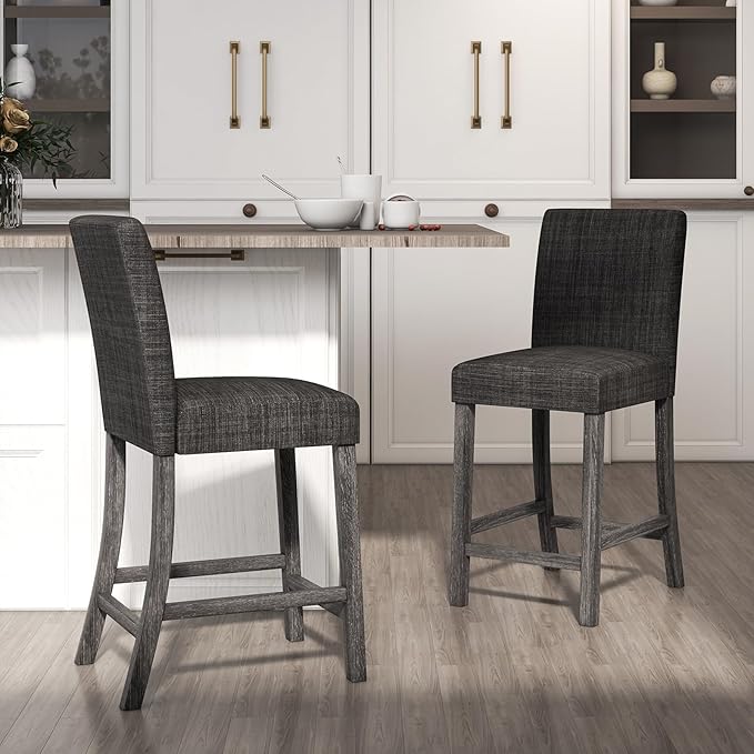 COSTWAY Counter Height Bar Stools Set of 4, 24.5’’ Upholstered Mid Century Modern Island Chairs with Rubber Wood Legs, Wooden Barstools for Kitchen, Dining Room, Bar, Restaurant (Grey)