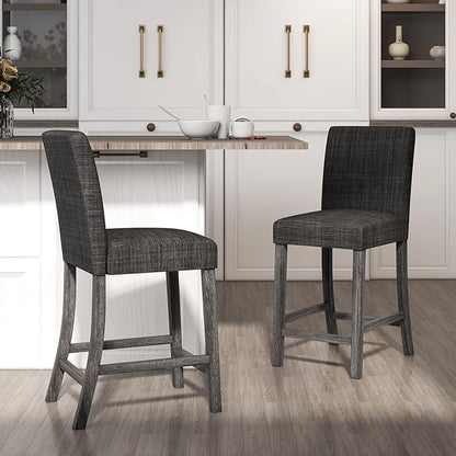 COSTWAY Counter Height Bar Stools Set of 4, 24.5’’ Upholstered Mid Century Modern Island Chairs with Rubber Wood Legs, Wooden Barstools for Kitchen, Dining Room, Bar, Restaurant (Grey)