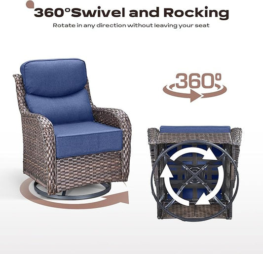 Rilyson Wicker Outdoor Patio Furniture Set - 6 Piece Patio Conversation Sets with Swivel Rocker Chairs, Ottomans, Sofa and Table, 6 inch Cushions, Deep Seating, for Porch Deck Brown/Blue