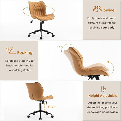 YOUNUOKE Armless Desk Chair Comfy Office Chair with Wheels Home Ergonomic Task Chair Adjustable Computer Chairs Modern Faux Leather Swivel Chair Upholstered Makeup Vanity Chair with Back(Camel)