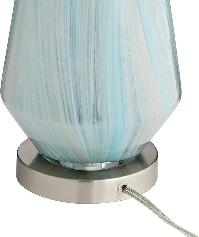 Possini Euro Design Jaime Coastal Table Lamp 26" High with Square White Marble Riser Blue Gray Art Glass White Drum Shade for Bedroom Living Room Nightstand Bedside Night Stand Office Kids Room