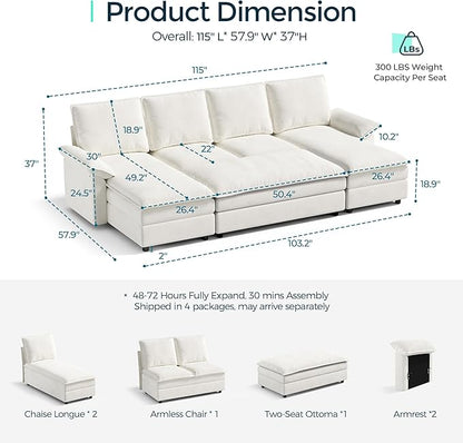 LINSY HOME Sleeper Sofa Bed, 115" Modular Sectional Sofa Bed with Double Layer Cushious, Comfy Cloud Sofa Couches for Living Room, Apartment, Home Theater, Beige