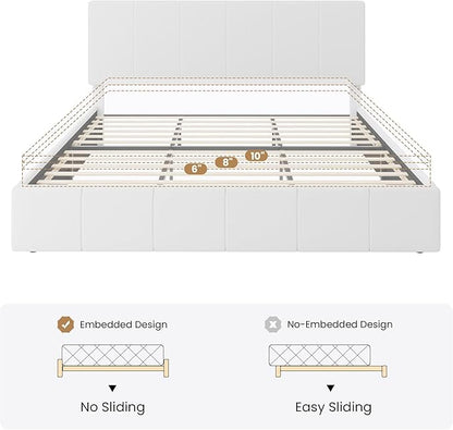 SHA CERLIN King Size Bed Frame, Velvet Upholstered Platform Bed, Vertical Channel Tufted Adjustable Headboard, Low Profile Bed Frame, No Box Spring Needed, Easy Assembly, White