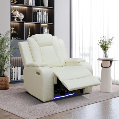 Power Recliner Sectional Couch with LED, Leather Reclining Sofa for Living Room, Muti-Functional Recliner Corner Sectional with Storage Console/Cup Holders/USB Ports (Creamy White, SECTIONAL & CHAIR)