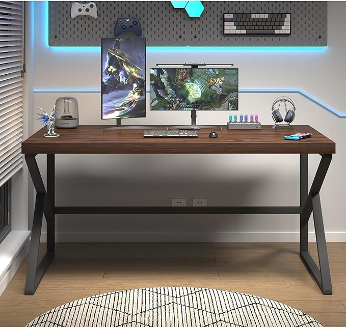 HSH Walnut Computer Desk, Industrial Modern Metal Wood Desk Workstation, Rustic Executive PC Laptop Work Desk Table for Home Office, Simple 55 Inch Writing Study Gaming Desk in Bedroom Living Room