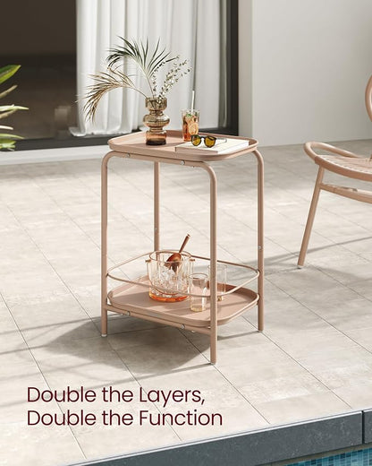 VASAGLE 2-Tier Outdoor Table, Small Side End Table with Tray Storage, Bedside Nightstand for Living Room, Bedroom, Modern Style, Camel Brown ULET243K01