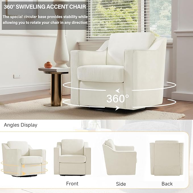 UIXE Swivel Accent Chair, Chenille Upholstered Arm Chair for Living Room, Modern Club Armchair Comfy Single Sofa Bedroom Reading Seat with Lumbar Pillow - Cream Beige