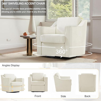 UIXE Swivel Accent Chair, Chenille Upholstered Arm Chair for Living Room, Modern Club Armchair Comfy Single Sofa Bedroom Reading Seat with Lumbar Pillow - Cream Beige