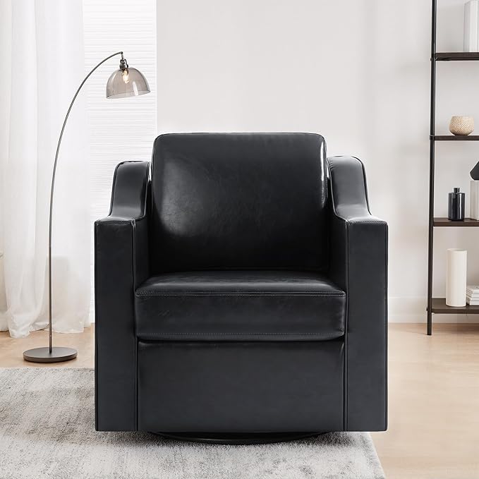 UIXE Faux Leather Swivel Accent Chair, Upholstered Arm Chair for Living Room, Modern Club Armchair Comfy Single Sofa Bedroom Reading Seat with Lumbar Pillow - Black