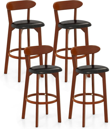 COSTWAY Bar Stool Set of 4, 30.5'' Bar Height Barstools w/Curved Backrest, Faux Leather Cushion & Rubber Wood Frame, Mid Century Modern Island Chairs for Kitchen Bar Cafe, Walnut