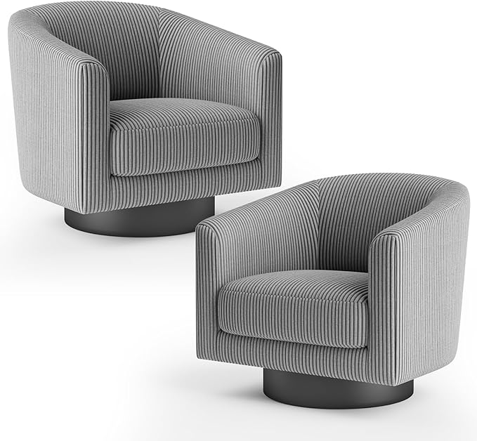 360° Swivel Accent Chairs Set of 2, Modern Bucket Chair, Corduroy Barrel Armchair, Comfy Boucle Chair, Single Sofa for Living Room Bedroom. Dark Grey