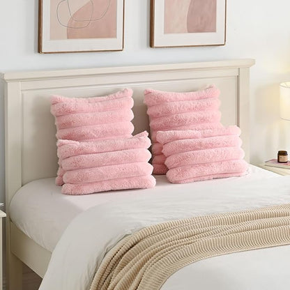 FUTEI Pink Decorative Throw Pillow Covers 20x20 Inch Set of 2, Square Soft Faux Rabbit Fur Thick Striped Cushion Cover,Winter Home Decor for Couch Bed Living Room