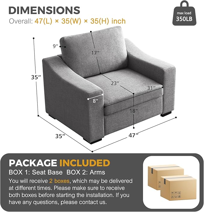 ELUCHANG 47" W Oversized Accent Chair, Linen Fabric Modern Chair, Washable Covers, Comfy Upholstered Large Armchair Single Sofa Reading Chair for Living Room Bedroom Office, Dark Grey
