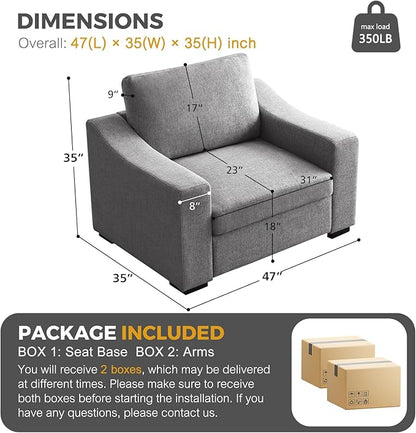 ELUCHANG 47" W Oversized Accent Chair, Linen Fabric Modern Chair, Washable Covers, Comfy Upholstered Large Armchair Single Sofa Reading Chair for Living Room Bedroom Office, Dark Grey