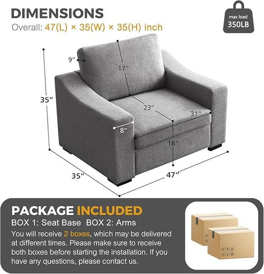ELUCHANG 47" W Oversized Accent Chair, Linen Fabric Modern Chair, Washable Covers, Comfy Upholstered Large Armchair Single Sofa Reading Chair for Living Room Bedroom Office, Dark Grey