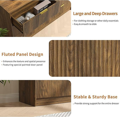 Walnut 6 Drawer Dresser Bedroom,55” Wide Fluted Dresser Wood with Gold Handles,Mid Century Wooden Chest of Drawer for Closet,Bedroom,Living Room,Walnut
