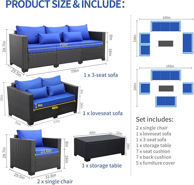 Rattaner Outdoor Wicker Furniture Set 5 Pieces Patio Sectional Sofa Couch Set with Storage Table Royal Blue Anti-Slip Cushions Furniture Covers