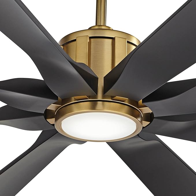 Possini Euro Design 60" Defender Modern Outdoor Ceiling Fan with LED Light Remote Control Soft Brass Matte Black Damp Rated for Patio Exterior House Home Porch Gazebo Garage Barn