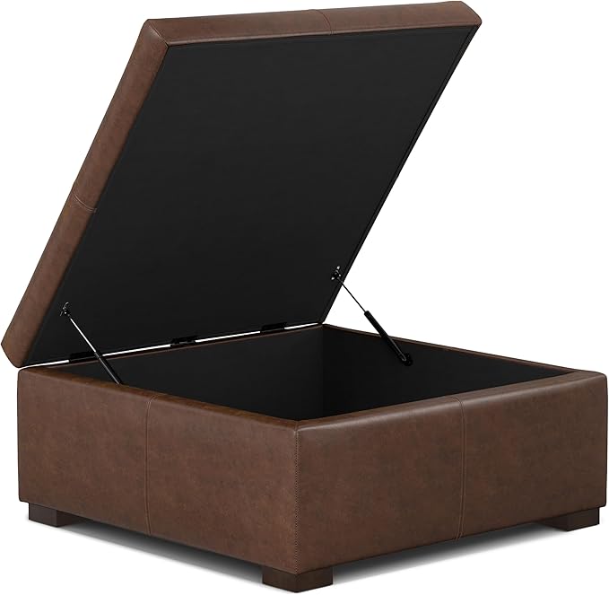 SIMPLIHOME Gabbie 36 inch Wide Contemporary Square Square Coffee Table Storage Ottoman in Distressed Chestnut Brown Vegan Faux Leather, Assembled, for The Living Room, Entryway and Family Room