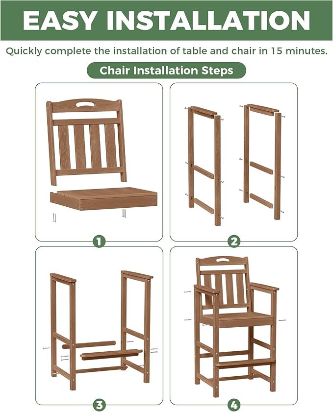 HDPE Outdoor Patio Tall Bar Chair, All-Weather Bar Height Balcony Adirondack Stools for Bistro, Garden, Backyard, Deck | Teak