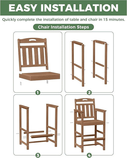 HDPE Outdoor Patio Tall Bar Chair, All-Weather Bar Height Balcony Adirondack Stools for Bistro, Garden, Backyard, Deck | Teak