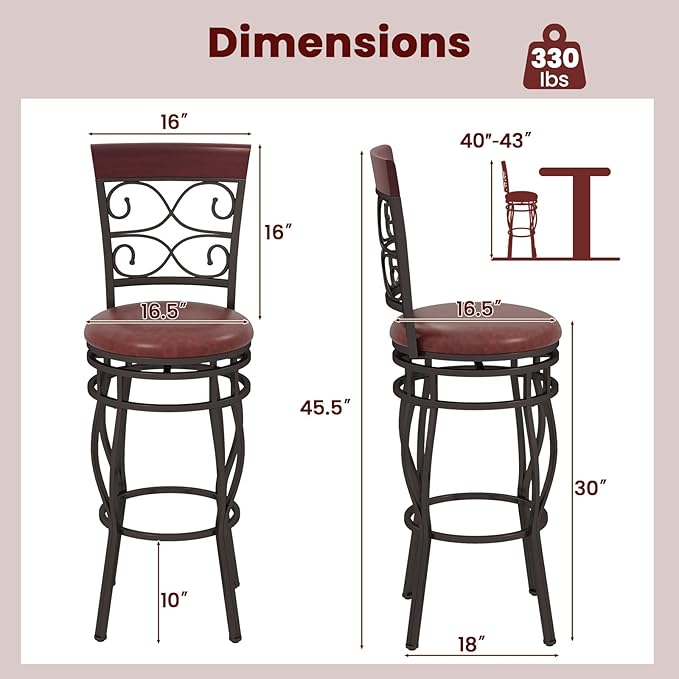 Giantex 30" Swivel Bar Stools Set of 2, Bar Height Bar Stools w/Back, Upholstered PU Leather Seat, Footrest, Max Load 330Lbs, Vintage Metal Barstools for Kitchen Island, Dining Room, Rustic Brown