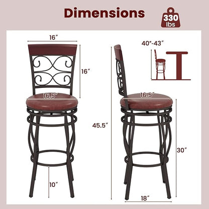 Giantex 30" Swivel Bar Stools Set of 4, Bar Height Bar Stools w/Back, Upholstered PU Leather Seat, Footrest, Max Load 330Lbs, Vintage Metal Barstools for Kitchen Island, Dining Room, Rustic Brown