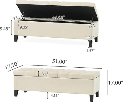 Christopher Knight Home Ottilie Velvet Storage Ottoman, Ivory 17.5”D x 51.0”W x 17.00”H