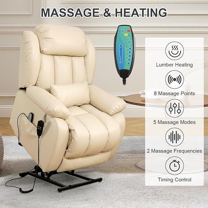EDILLY Large Reclining Lift Chair, Dual Motor Massage Chair, Genuine Leather Recliner with Heating and Massage for Seniors, with Double Lumbar Cushion and Extended Footrest, USB Port(Beige)