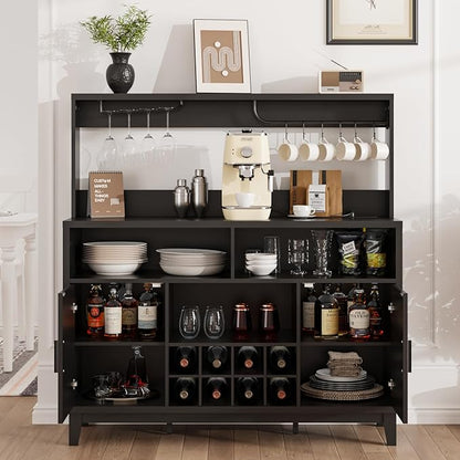 Fluted Buffet Cabinet with Storage, Modern Coffee Bar Cabinet with Outlet, Wine Rack, Cup Holder, Multi-Functional Accent Liquor Cabinet for Living Room, Entryway, Kitchen, Black