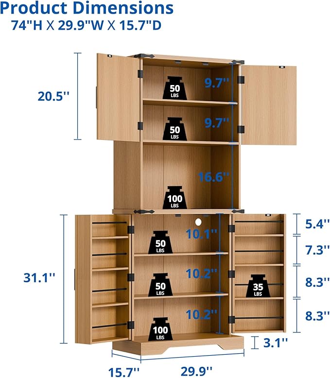 Cozy Castle 74" Farmhouse Pantry Cabinet with Charging Station, Tall Kitchen Storage Hutch Cabinet Coffee Bar Workstation, Sideboard Buffet Cupboard for Dining Room Living Room Furniture, Oak