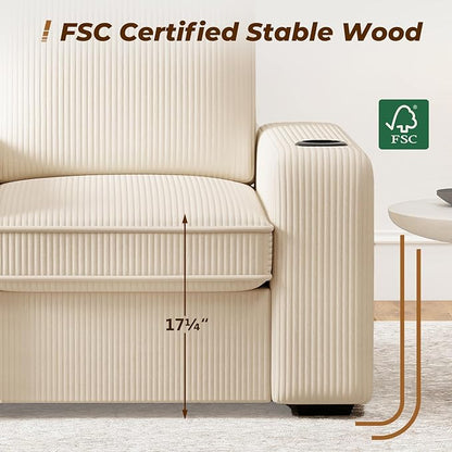 Furnimart 3-Seater Living Room Set Corduroy, 58" Wide Loveseat & Accent Chair with USB Chargers, Cup Holders & High-Density Foam, Modern Sofa & Armchair Set for Apartment, Living Room(2 Colors)