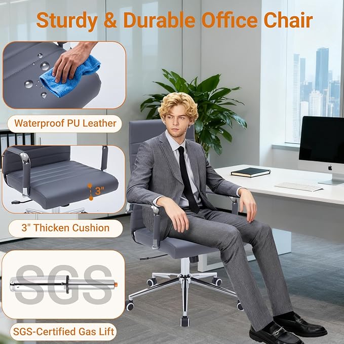 Sidanli Executive Desk Chair, Ergonomic PU Leather Gaming Chair with Adjustable Lumbar Support and Rolling Wheels for Home Office Conference Room, High Back, Gray