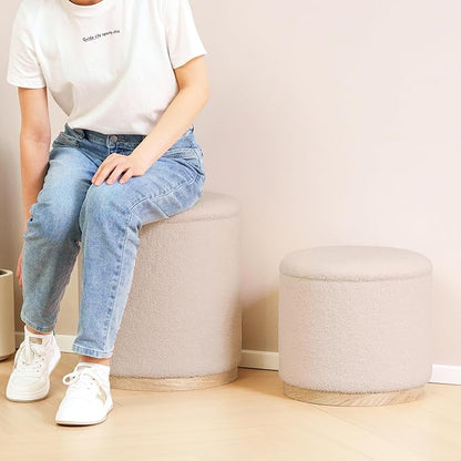 PINPLUS Round Ottoman with Storage Set of 2, Vanity Stool with Storage, Small Ottoman with Tray Teddy Velvet Foot Rest Stool for Bedroom, Living Room, Dorm (Beige)