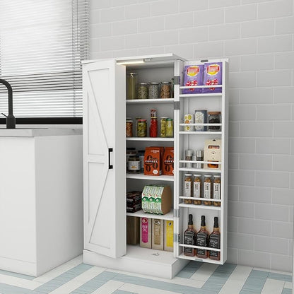 Kitchen Pantry Storage Cabinet w/LED, 50" Pantry Cabinets w/Doors and Adjustable Shelves, Freestanding Pantry Cupboard for Kitchen, Dinning Room, Living Room, Small Place, White