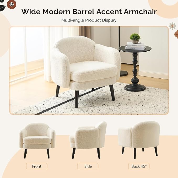 VINGLI 30.3" Wide Modern Barrel Accent Armchairs Set of 2 with Track Armrest, Solid Wooden Legs, Comfy Upholstered Club Chairs, Single Home Sofa for Living Room, Bedroom, Reading,Teddy Fleece White