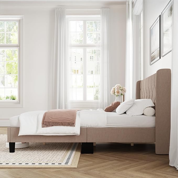 Novilla Queen Size Bed Frame, Queen Bed Frame with Headboard, Linen Upholstered Pull-Point Wing Side Headboard, No Box Spring Needed, Heavy Duty Feet, Easy Assembly, Beige