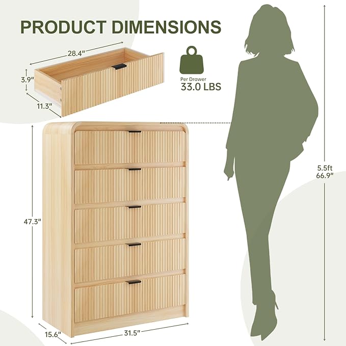 FURSUN Fluted 5 Drawers Dresser for Bedroom, 48" Tall Wooden Modern Dresser with Metal Handle, Curved Profile Design, Storage Organizer for Bedroom, Hallway (Natural Oak)