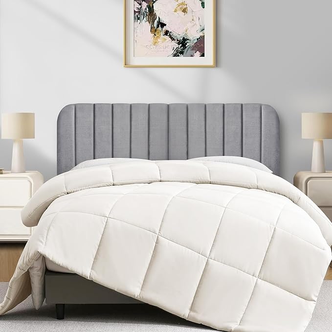 Upholstered Headboard - Striped Interval - Adjustable Height - Metal Legs - Bed Frame (Grey, Queen (U.S. Standard))