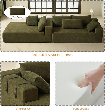 108" Modular Sectional Couch Sofa with L-Shape Chaise, Modern Cloud Comfy Sofa with Deep Seat, Upholstered Couches for Living Room Bedroom, No Assembly Required (Green Left Facing Chaise)